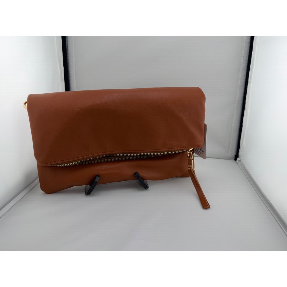 Hoxis Foldover Clutch Bag Womens OS Brown Vegan Leather Gold Zip Crossbody New